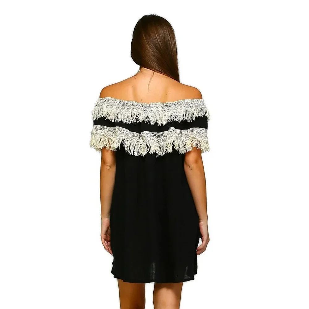 vELZERA Off the Shoulder Fringe Dress, Black - Picture 4 of 4